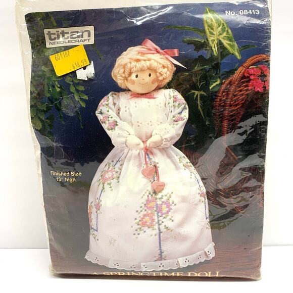 Vtg 1989 Titan Needlecraft “Springtime Doll” Stamped Cross Stitch Kit Unopened - Picture 1 of 7